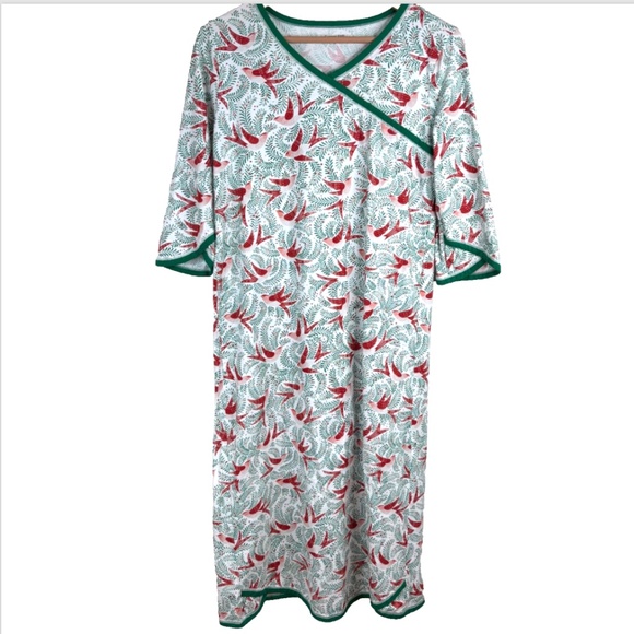Garnet Hill Nightgown S Asian Wrap Organic Cotton Midi 3/4 Sleeve Christmas Bird - Picture 1 of 11